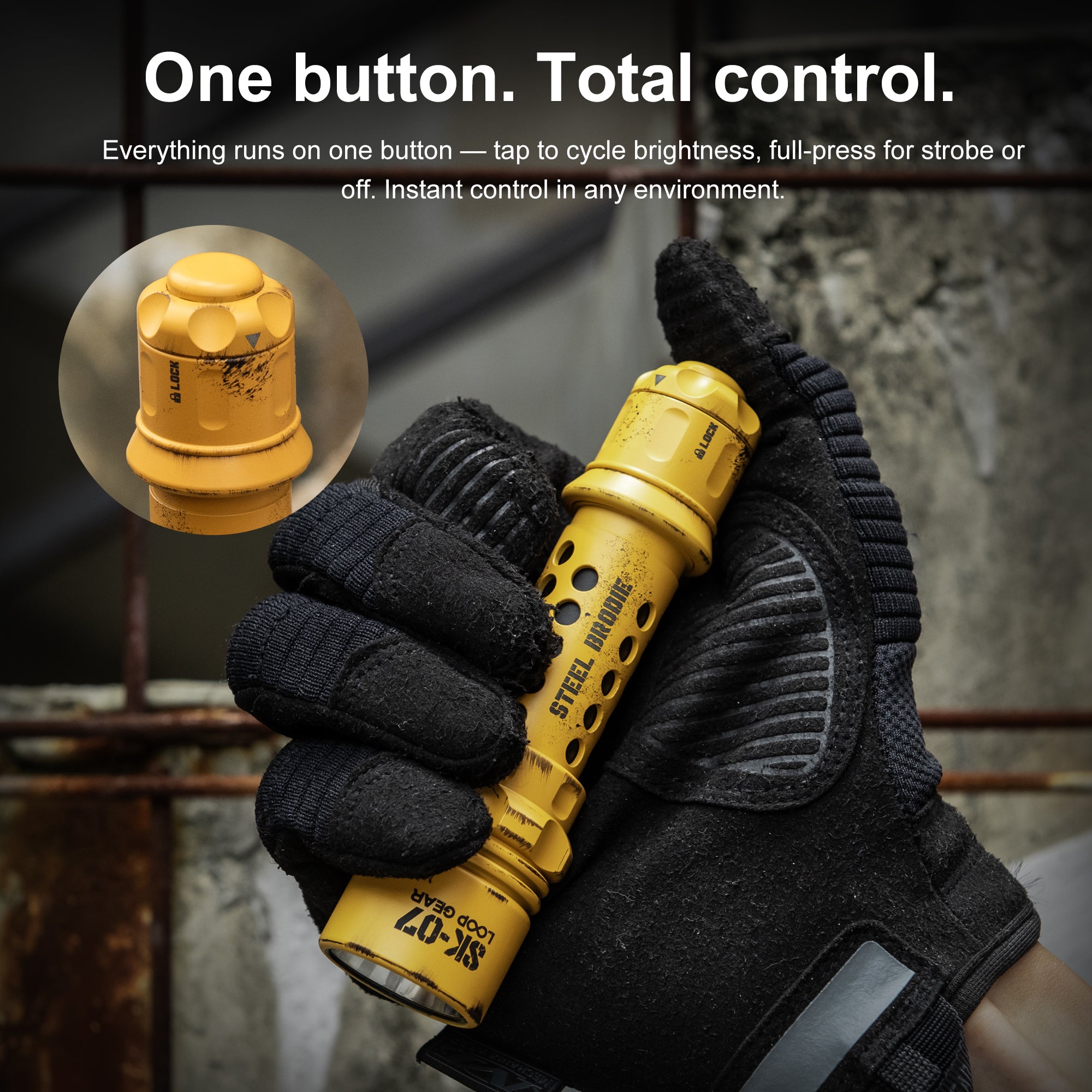 A black work glove holding a yellow SK-07 torch flashlight, with marketing text at the top and a circular inset showing the flashlight head close-up.