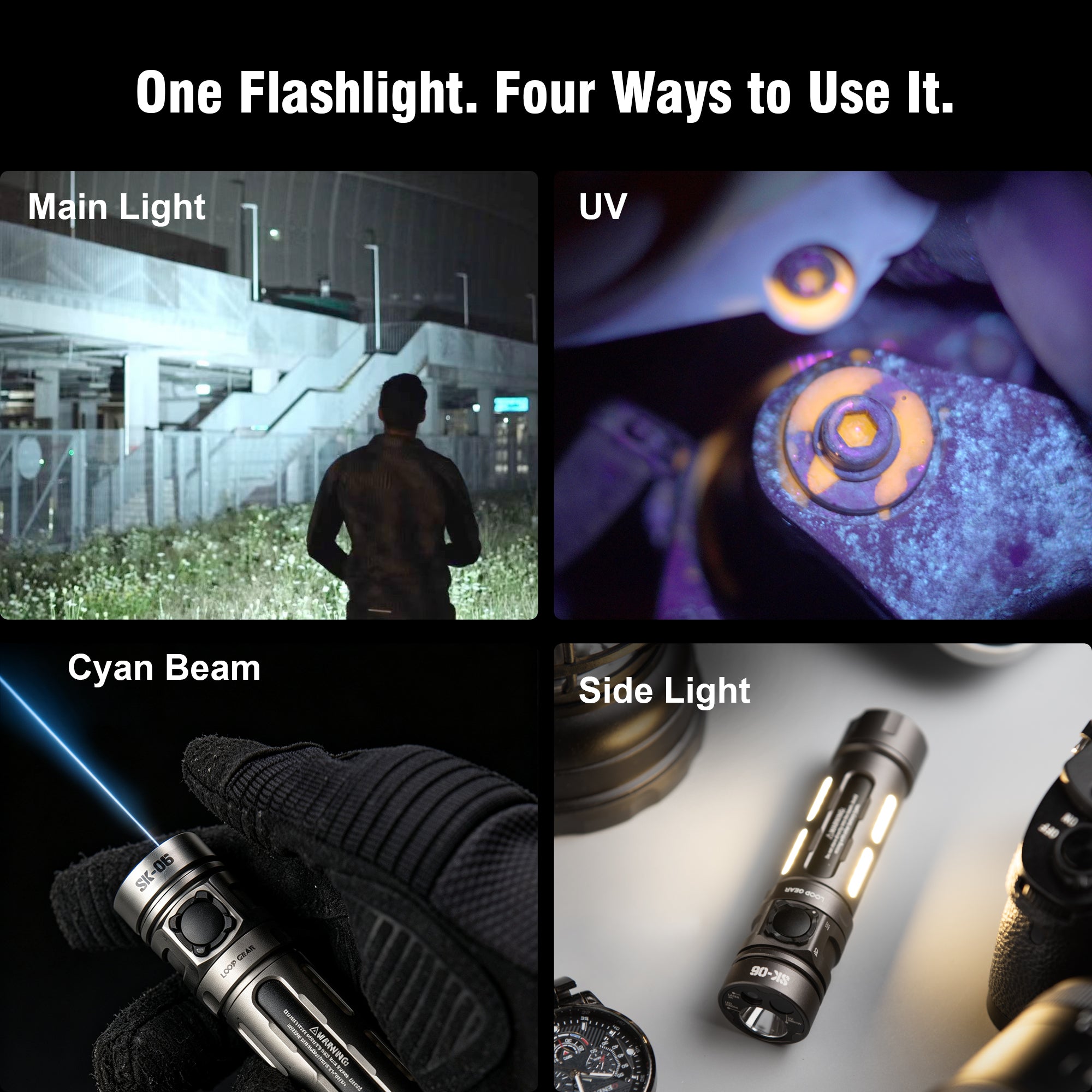 [Use Early Supporters code] LOOP GEAR SK06 2400LM EDC Rechargeable Flashlight with UV & Green/Cyan Laser