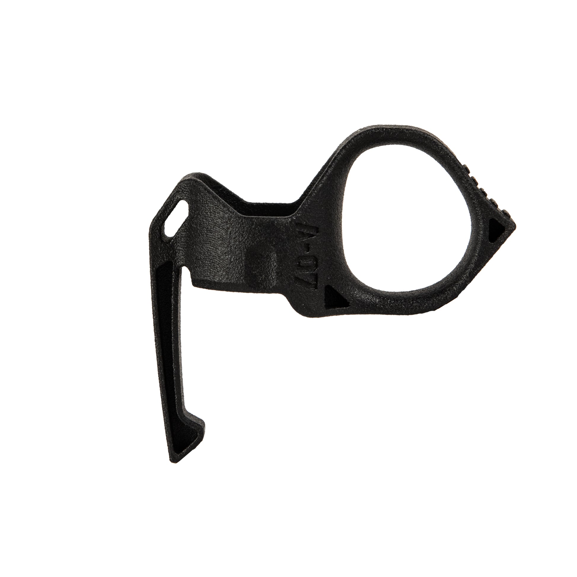 A black textured plastic or metal accessory with a looped ring shape and a flat tab extending downward, shown on a plain white background.